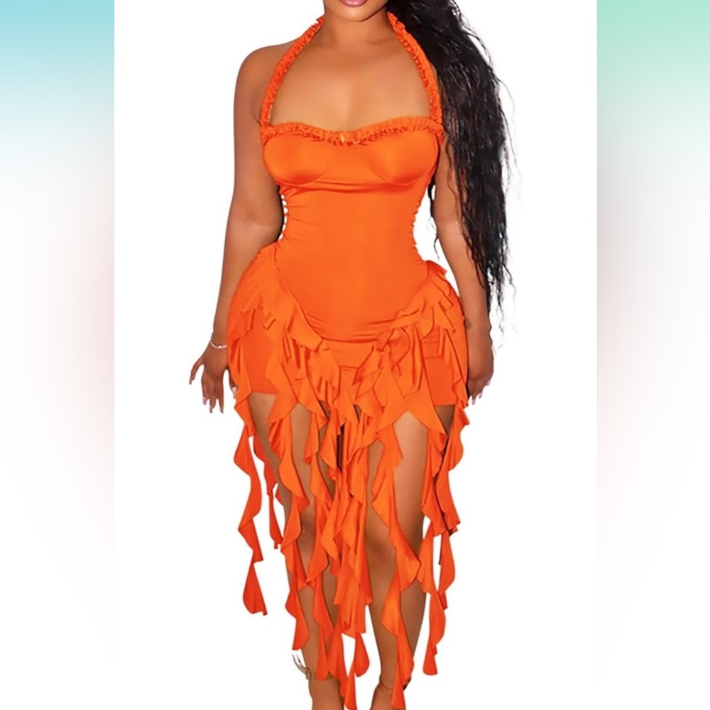 Orange halter fringe Dress